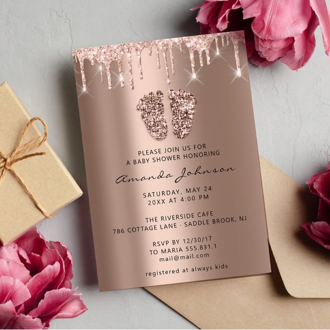 Convite Chá de fraldas Brilhante Rosa  Dourado Garota (Baby Shower Feet Glitter Rose Gold Drips Boy Girl Invitation)