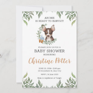 Convite Chá de fraldas Brown Chihuahua Dog Boho Greenery