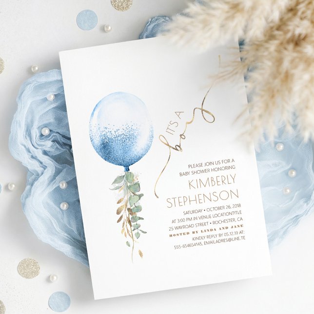 Convite Chá de fraldas Brown Sage Green e Blue Boy (Whimsical Cute Light Blue Balloon and Gold Baby Boy Baby Shower Invitation)