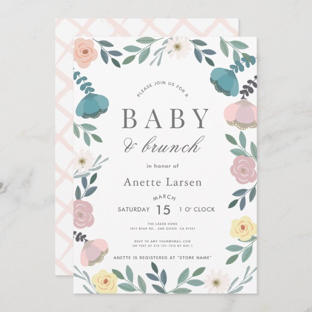 Convite Chá de fraldas Brunch Garden White Girl Floral (Frente/Verso)