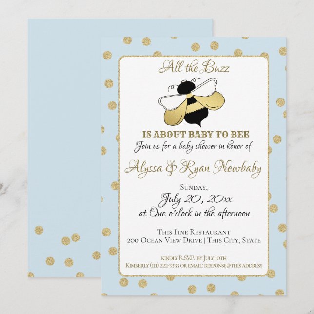 Convite Chá de fraldas Bumble Bee Buzz Azul (Frente/Verso)