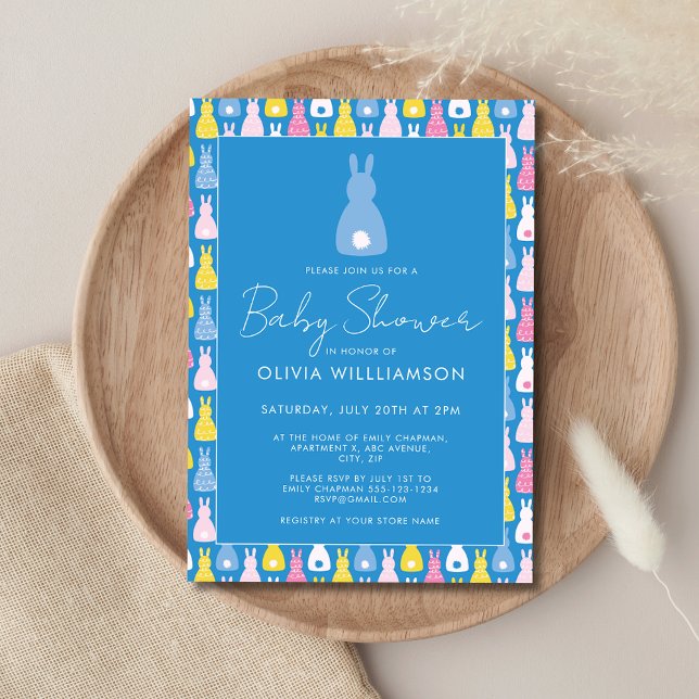 Convite Chá de fraldas Bunny Rabbit Boy (Modern Bunny Blue Baby Shower Blue Invitation. Boy Baby Shower Invitation)