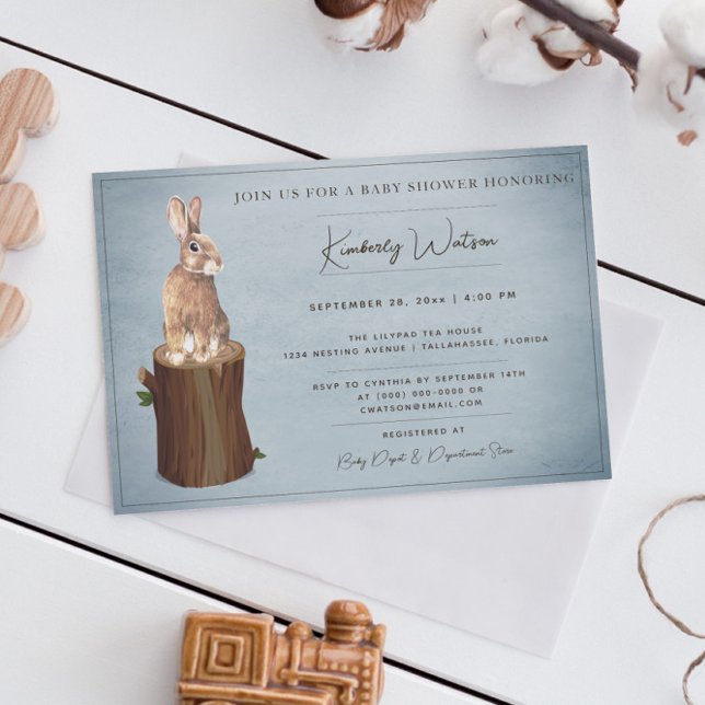 Convite Chá de fraldas Bunny Woodland | Azul (Blue Woodland Bunny Baby Shower Invitation)
