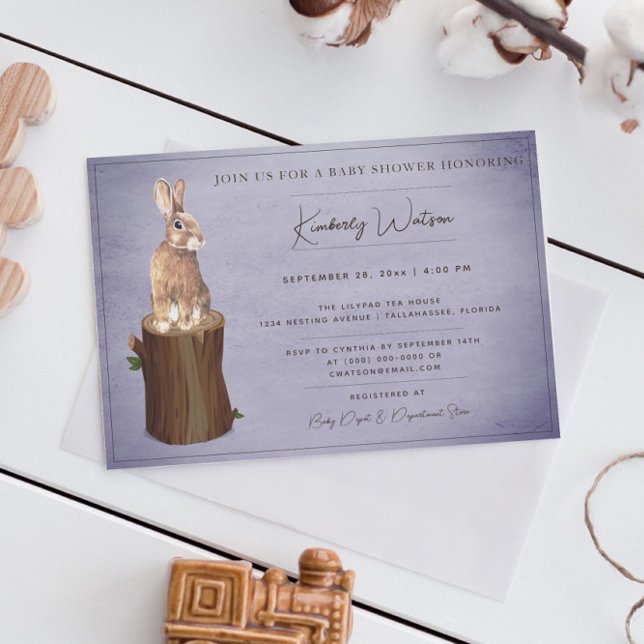 Convite Chá de fraldas Bunny Woodland | Roxo (Purple Woodland Bunny Baby Shower Invitation)