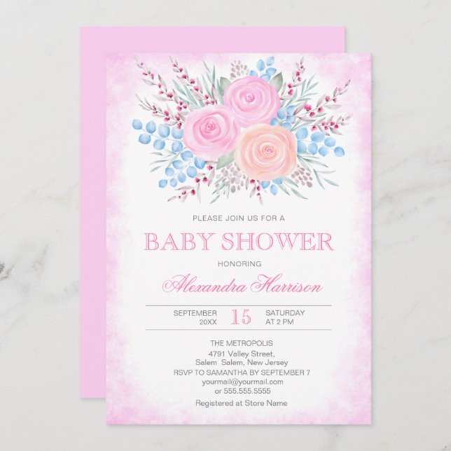 Convite Chá de fraldas Buquê Cor-de-Água Rosa Rosca Rosa (Frente/Verso)