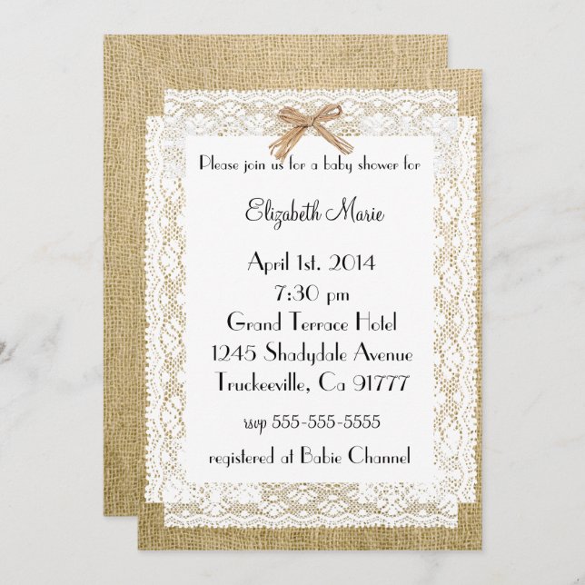 Convite Chá de fraldas Burlap e Lace (Frente/Verso)