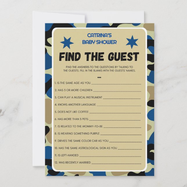 Convite Chá de fraldas Camo Azul - Nome Editável, 5x7 (Frente)