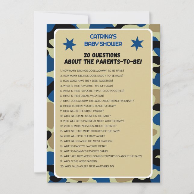 Convite Chá de fraldas Camo Azul - Nome Editável, 5x7 (Frente)