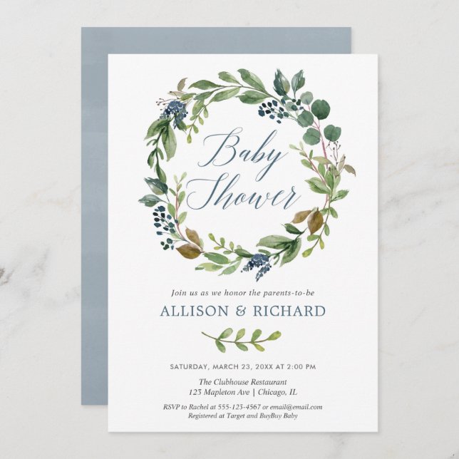 Convite chá de fraldas Casal, azul verde neutro em relação (Frente/Verso)