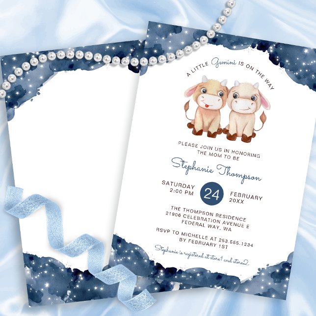Convite Chá de fraldas Celestial Gemini - Símbolo de Astro (Celestial Gemini Astrology Sign Baby Shower Invitation)