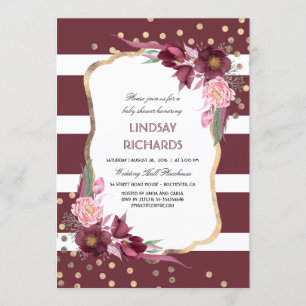 Convite Chá de fraldas Chic Dourado Confetti Floral Burgun