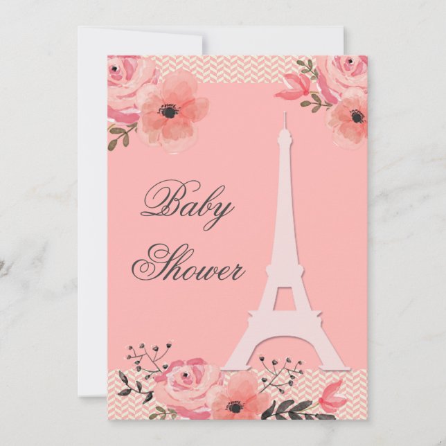 Convite Chá de fraldas Chic Floral Paris Eiffel Tower (Frente)