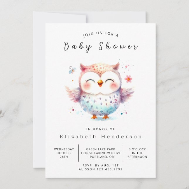 Convite Chá de fraldas Chic Watercolor Owl (Frente)
