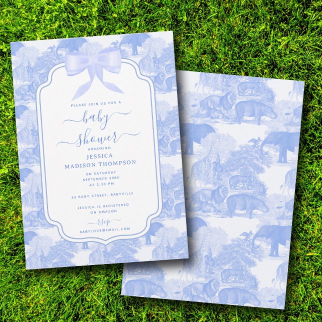 Convite Chá de fraldas Chinoiserie Blue Toile Safari (Blue Toile Safari Animals Chinoiserie Baby Shower Invitation)