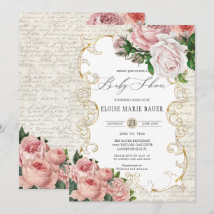 Convite chá de fraldas chique Vintage para Rosas francese