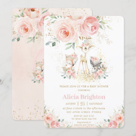 Convite Chá de fraldas Cinzento Floral Cor-de-rosa-Blush