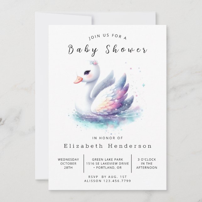 Convite Chá de fraldas Cisne Personalizado do Lago (Frente)