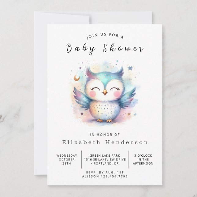 Convite Chá de fraldas Classic Watercolor Owl (Frente)
