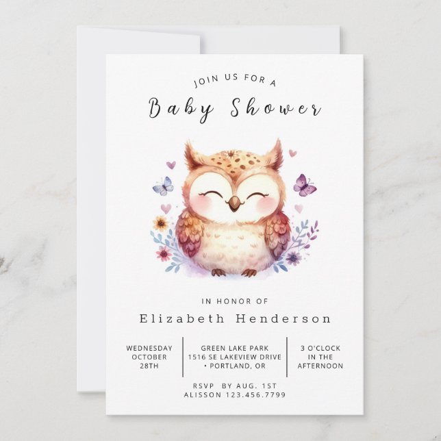 Convite Chá de fraldas Classic Woods Owl (Frente)