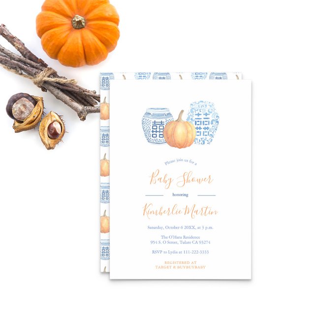 Convite Chá de fraldas Clássico Azul Ginger Jars Pumpkin (Ginger Jars With Orange Pumpkin And Text Baby Shower Party Invitation)