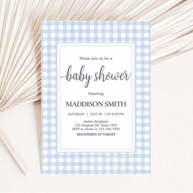 Convite Chá de fraldas Clássico Azul Gingham (Boy Gingham Baby Shower Invitation)