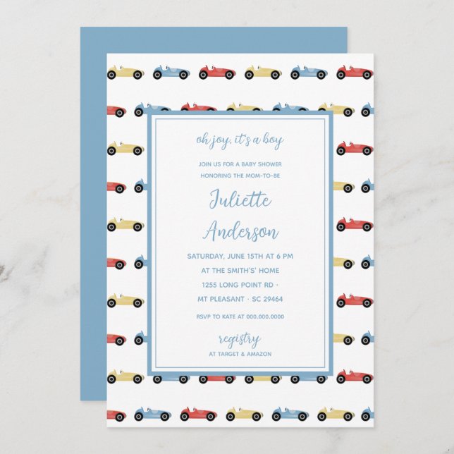 Convite Chá de fraldas Clássico Blue Boy do Carro Race (Frente/Verso)