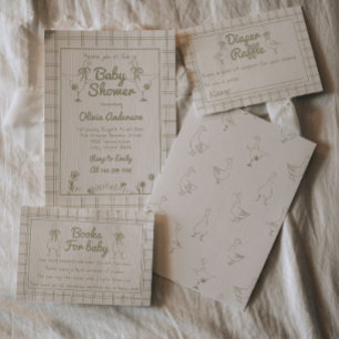 Convite Chá de fraldas Clássico Neutro Verde Desenhado à M