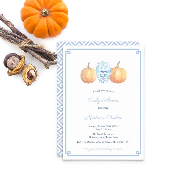 Convite Chá de fraldas Clássico Pumpkin Ginger Fall Boy (Light Blue Greek Key And Ginger Jar With Orange Pumpkins Baby Shower Party Invitation)