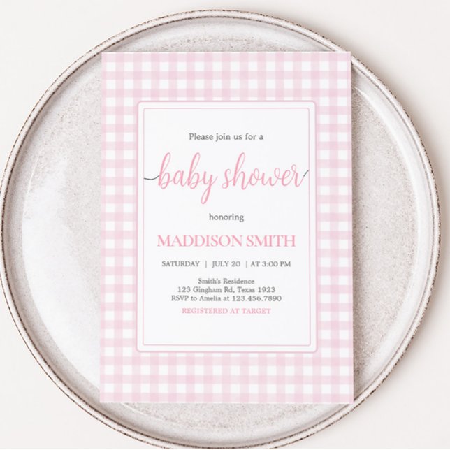 Convite Chá de fraldas Clássico Rosa Gingham (Girl Gingham Baby Shower Invitation)