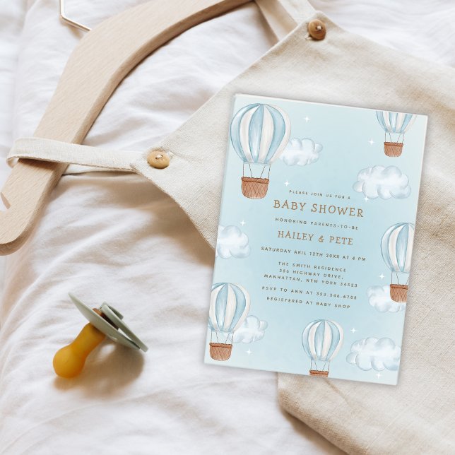 Convite Chá de fraldas Cloud Star Boy Blue Hot Air Balloon (Blue Hot Air Balloon Cloud Star Boy Baby Shower Invitation)
