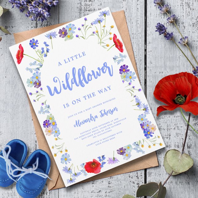 Convite Chá de fraldas Colorida de Flor Selvagem (A little wildflower boy baby shower invitation with watercolor spring summer florals)