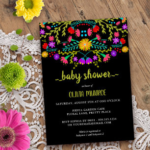 Convite Chá de fraldas Colorido Preto-Floral Mexicano Fie