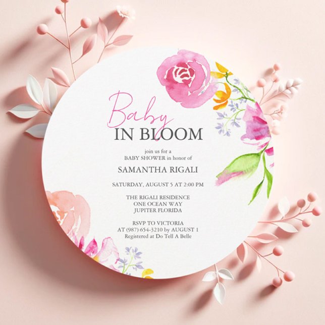 Convite Chá de fraldas Convida Bebê Rosa Em Sangue (Baby in bloom baby shower invitations for girl features watercolor floral art Victoria Grigaliunas)