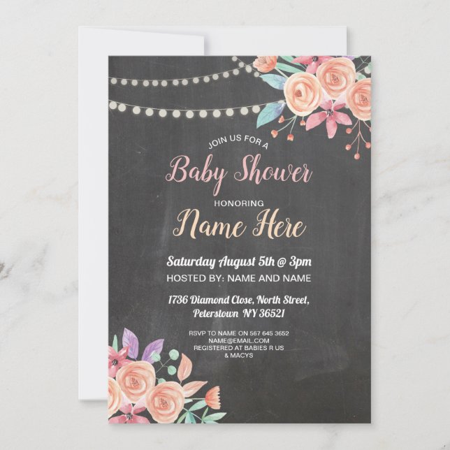 Convite Chá de fraldas Convidar Peach Flower Party Lilac C (Frente)