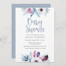 Chá de fraldas-convite Penas florais roxas azuis
