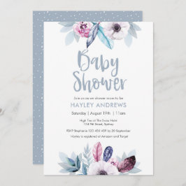 Convite Chá de fraldas-convite Penas florais roxas azuis