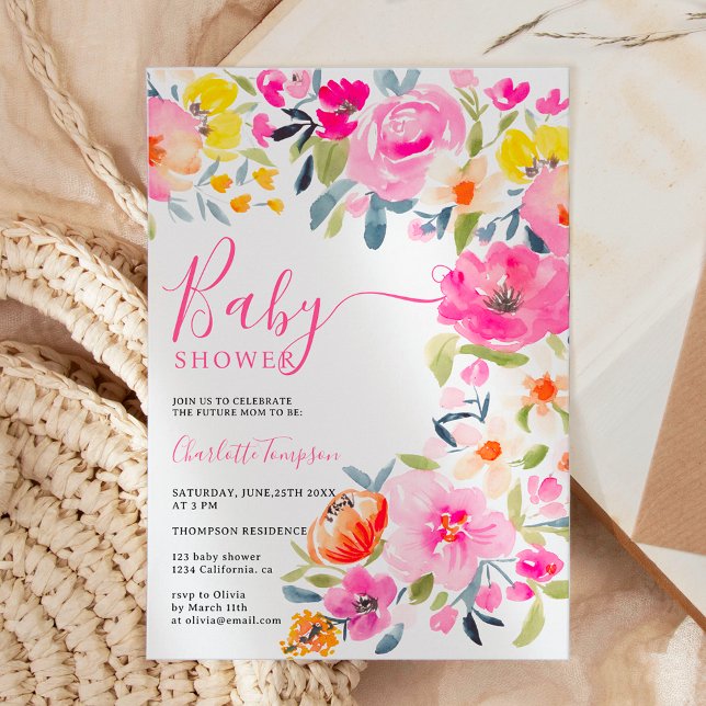 Convite Chá de fraldas cor-de-água floral, branco-boêmio (Bohemian bold floral watercolor pink baby shower invitation)