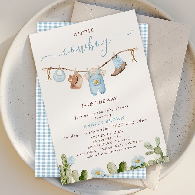 Convite Chá de fraldas Cowboy Cactus Blue Clothesline (Little Cowboy Baby Shower Invitation Blue Floral Cactus, Cowboy Baby Shower Invitation Clothesline)