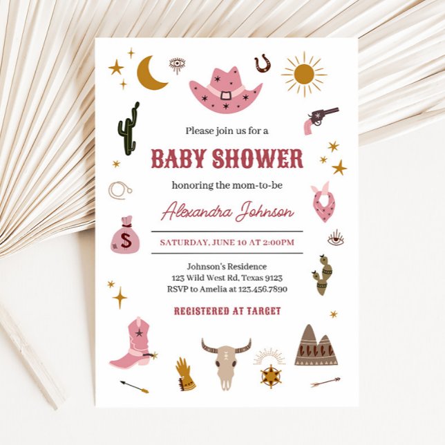 Convite Chá de fraldas Cowgirl (Pink Wild West Baby Shower Invitation)