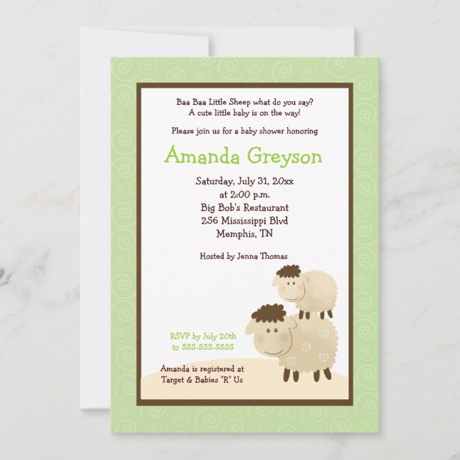 Convite Chá de fraldas Cute Baa Sheep 5x7 Convide Verde (Frente)