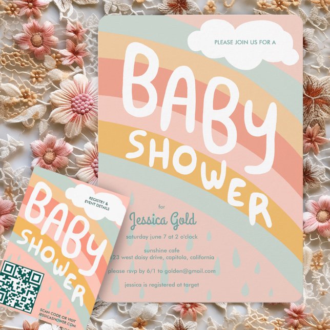 Convite CHÁ DE FRALDAS Cute Nuvens Arco-Íris Personalizado (BABY SHOWER Cute Clouds Rainbow Rain Custom Invitation
Pink Pastel )