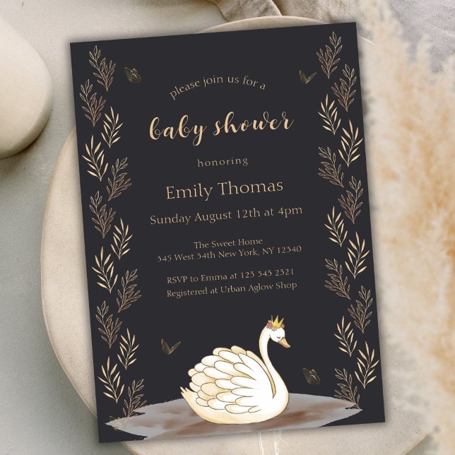 Convite Chá de fraldas da borboleta Swan, princesa Dourada (Black Gold Princess Swan Butterfly Baby Shower Invitation)
