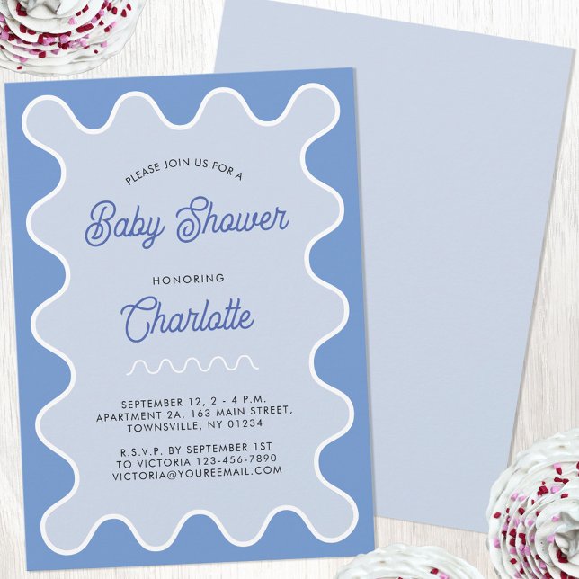 Convite Chá de fraldas da Curva Azul Onda Retroativa (Retro modern wavy curve blue personalized baby shower invitation)