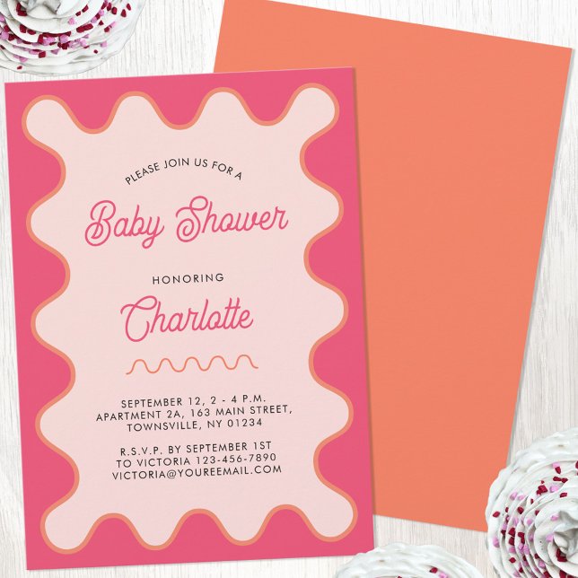 Convite Chá de fraldas da Curva Rosa Onda Retroativa (Retro pink wavy curve modern personalized baby shower invitation)