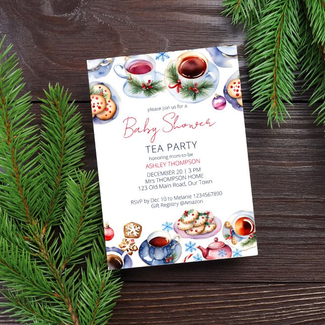 Convite Chá de fraldas da festa de chá de Natal (Christmas tea party baby shower editable template invitation digital download watercolor tea cups)