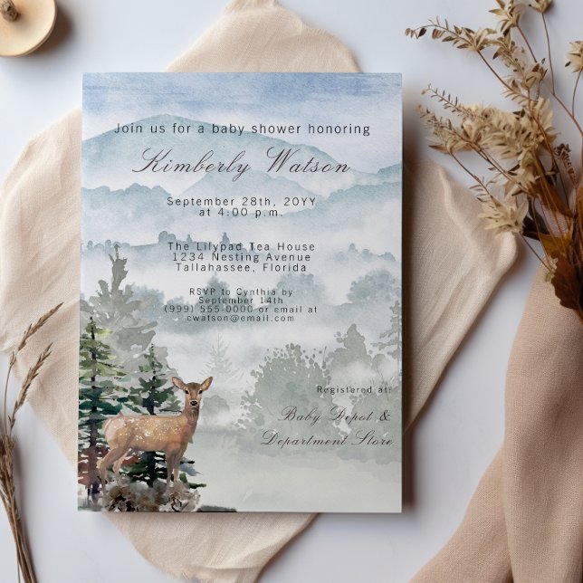 Convite Chá de fraldas da Floresta de Madeira de Aquarela (Watercolor Woodland Forest Doe Baby Shower Invitation)