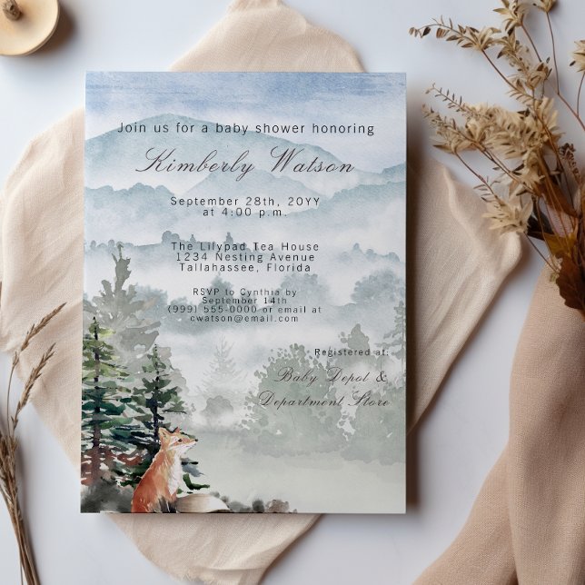 Convite Chá de fraldas da Floresta Florestal da Madeira (Watercolor Woodland Forest Fox Baby Shower Invitation)