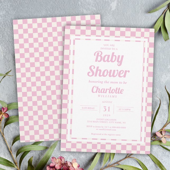 Convite Chá de fraldas da Garota-Padrão de Verificação de  (Retro Pink Pastel Check Pattern Girl Baby Shower Invitation
)