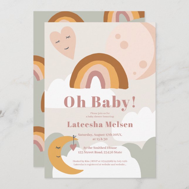 Convite Chá de fraldas da lua arco-íris Boho retro terraco (Frente/Verso)