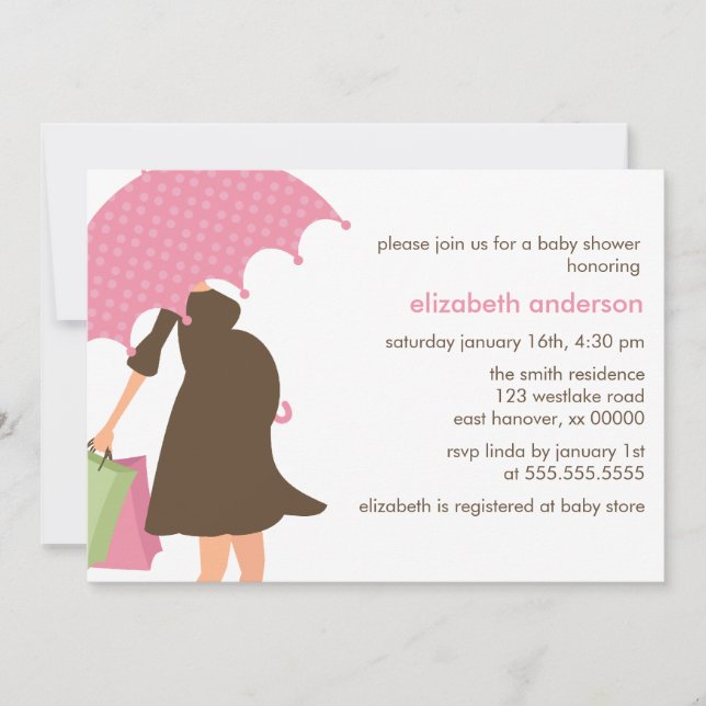 Convite Chá de fraldas da mãe grávida, guarda-chuva rosa (Frente)